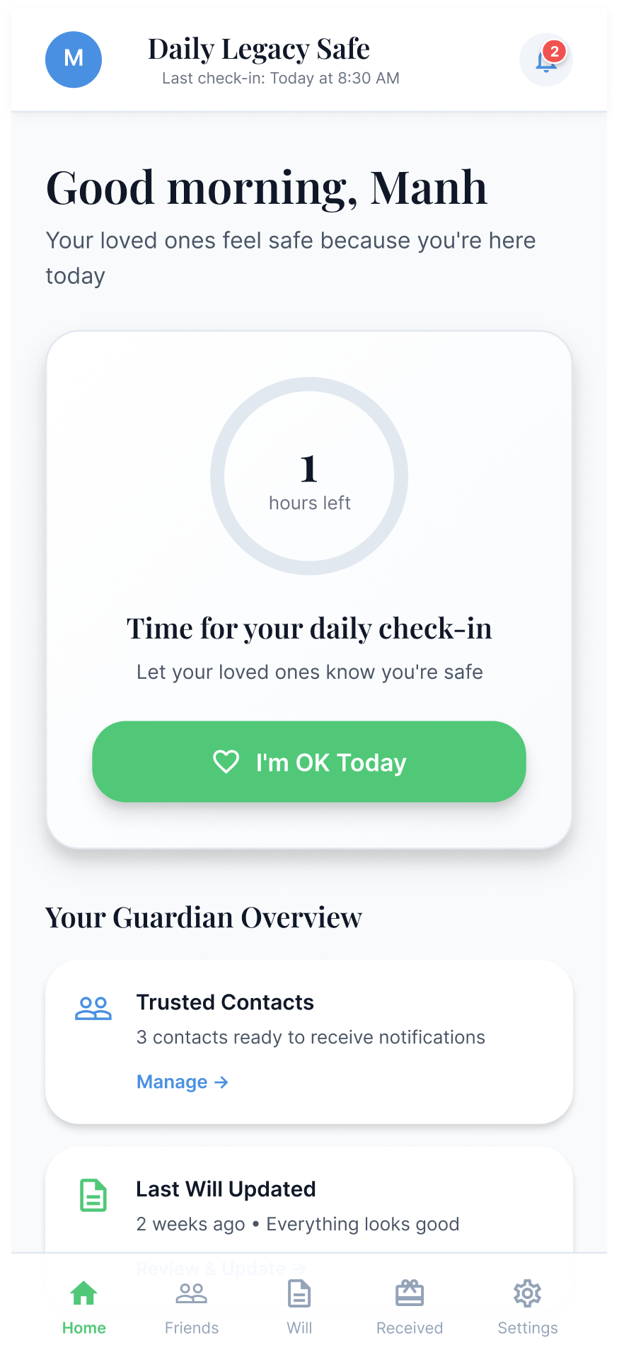 Daily Legacy Safe - Main Dashboard with Check-in Status preview
