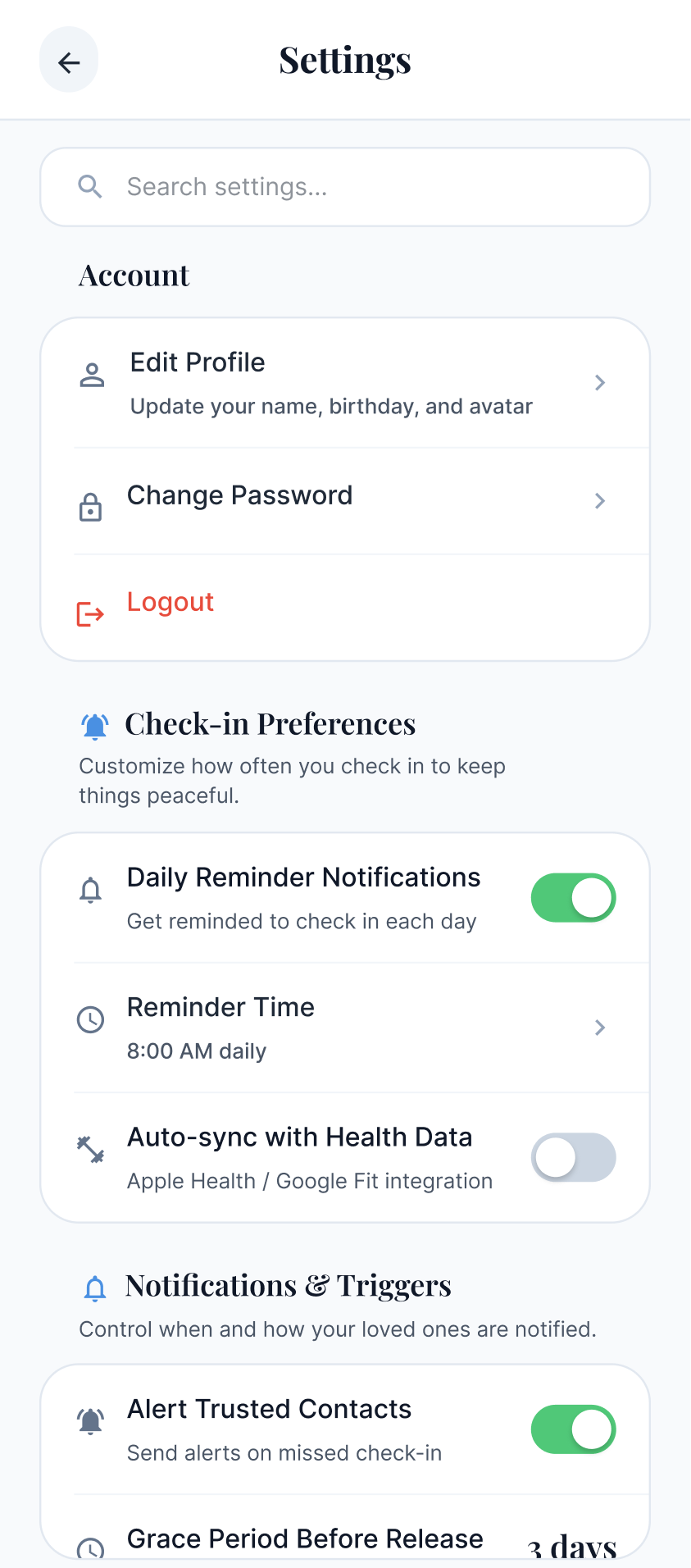 Daily Legacy Safe - Setiing screen preview
